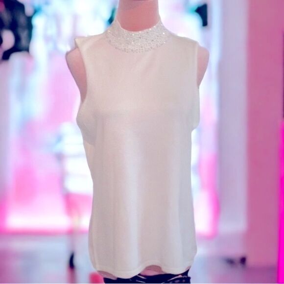 PREMISE SLEEVELESS SWEATER TOP BLOUSE RHINESTONE EMBELLISHED NECK LARGE CREAM - Picture 1 of 8